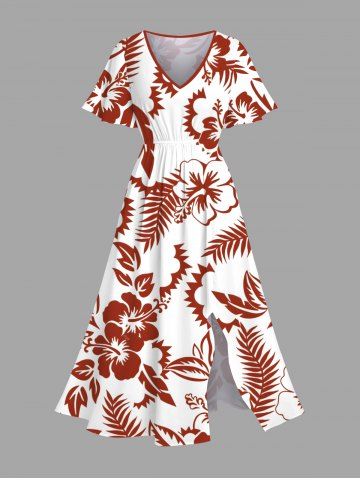 Plus Size Tropical Leaf Hibiscus Flower Print Hawaii Split Pocket A Line Midi Dress - WHITE - 2X