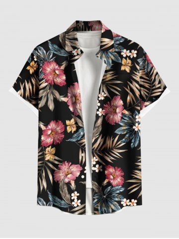 Plus Size Tropical Leaf Hibiscus Flower Print Hawaii Button Pocket Shirt For Men
