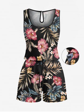 Plus Size Tropical Leaf Hibiscus Flower Print Hawaii Drawstring Pocket Romper - BLACK - XXS