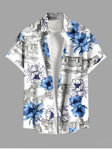 Plus Size Building Flower Print Hawaii Button Pocket Shirt For Men - WHITE - 2XL