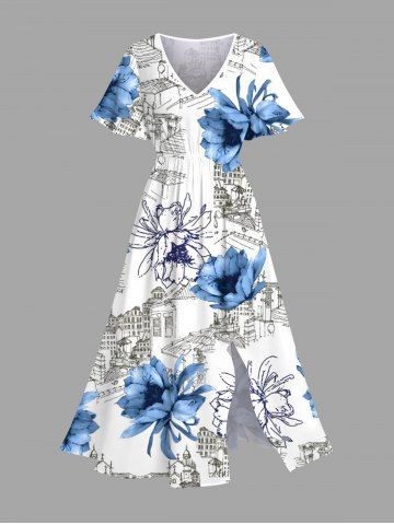 Plus Size Building Flower Print Hawaii Split Pocket A Line Midi Dress - WHITE - 6X