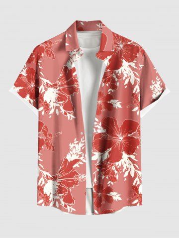 Plus Size Hibiscus Flower Leaf Branch Print Hawaii Button Pocket Shirt For Men - RED - L