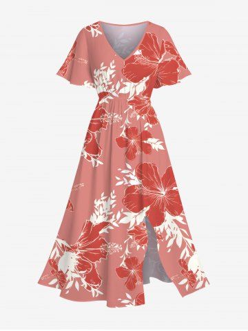 Plus Size Hibiscus Flower Leaf Branch Print Hawaii Split Pocket A Line Midi Dress - RED - 6X