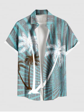 Plus Size Coconut Tree Light Beam Striped Print Hawaii Button Pocket Shirt For Men - GREEN - L