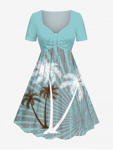 Plus Size Coconut Tree Light Beam Striped Print Hawaii Cinched A Line Dress - GREEN - L