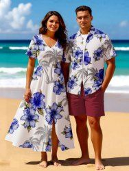 Coconut Tree Hibiscus Flower Leaf Print Plus Size Matching Hawaii Beach Outfit For Couples -  