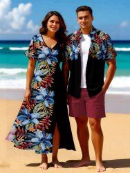 Tenue de plage hawaïenne assortie grande taille à imprimé tropical, fleurs d'hibiscus et feuilles, pour couples - Noir 