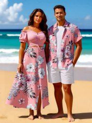 Hibiscus Flower Tropical Leaf Print Plus Size Matching Hawaii Beach Outfit For Couples -  