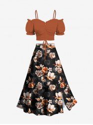 Solid Cinched Top and Ombre Flower Branch Print Hawaii Split A Line Skirt Plus Size Matching Set -  