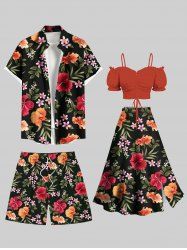 Tropical Leaf Hibiscus Flower Print Plus Size Matching Hawaii Beach Outfit For Couples -  