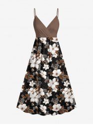 Plus Size Ombre Flower Leaf Print Surplice A Line Cami Dress -  