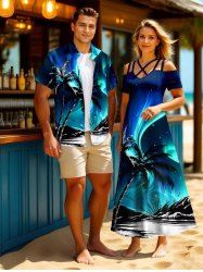 Coconut Tree Sea Mountain Aurora Galaxy Print Plus Size Matching Hawaii Beach Outfit For Couples -  
