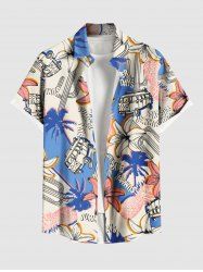 Plus Size Coconut Tree Hibiscus Flower Bus Pineapple Cactus Print Hawaii Button Pocket Shirt For Men -  