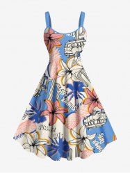 Robe trapèze hawaïenne grande taille à imprimé cocotier, hibiscus, fleurs, ananas, cactus - Bleu clair L