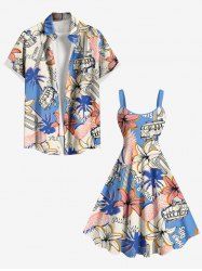 Coconut Tree Hibiscus Flower Bus Pineapple Cactus Print Plus Size Matching Hawaii Beach Outfit For Couples - Bleu clair 