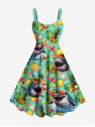 Robe débardeur hawaïenne grande taille à imprimé requins, ananas, feuilles tropicales et fleurs - Vert 3X