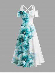 Robe longue hawaïenne grande taille à imprimé feuilles et fleurs ombrées, épaules dénudées et croisées - Vert 3X