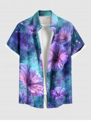 Plus Size Galaxy Tie Dye Hibiscus Flowers Print Buttons Pocket Hawaii Shirt For Men -  