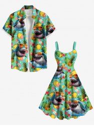 Sharks Pineapple Tropical Leaf Flowers Print Plus Size Matching Hawaii Beach Outfit For Couples -  