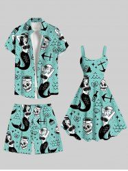 Mermaid Bowknot Skulls Anchor Print Plus Size Matching Hawaii Beach Outfit For Couples -  
