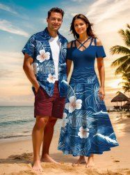 Tenue de plage hawaïenne assortie grande taille à imprimé tropical, motif hibiscus et fleurs marines, pour couples - Bleu Ciel 