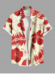 Plus Size Hibiscus Flower Leaf Tropical Print Buttons Pocket Hawaii Shirt For Men -  