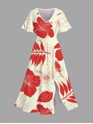 Plus Size Hibiscus Flower Leaf Tropical Print Split Hawaii Midi Dress -  