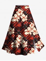 Jupe hawaïenne fendue grande taille à carreaux, imprimé fleurs d'hibiscus et feuilles tropicales - Rouge 3X