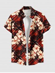 Plus Size Plaid Hibiscus Flower Tropical Leaf Print Buttons Pocket Hawaii Shirt For Men -  