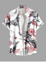 Plus Size Hibiscus Flowers Leaf Print Buttons Pocket Hawaii Shirt For Men -  