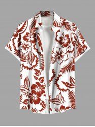 Plus Size Tropical Leaf Hibiscus Flower Print Hawaii Button Pocket Shirt For Men -  