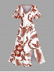 Plus Size Tropical Leaf Hibiscus Flower Print Hawaii Split Pocket A Line Midi Dress -  