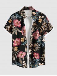 Plus Size Tropical Leaf Hibiscus Flower Print Hawaii Button Pocket Shirt For Men -  