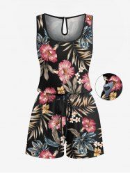Plus Size Tropical Leaf Hibiscus Flower Print Hawaii Drawstring Pocket Romper -  