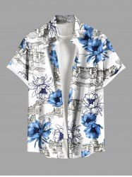 Plus Size Building Flower Print Hawaii Button Pocket Shirt For Men -  