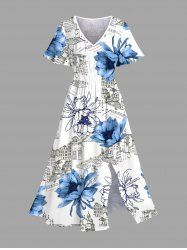 Plus Size Building Flower Print Hawaii Split Pocket A Line Midi Dress -  