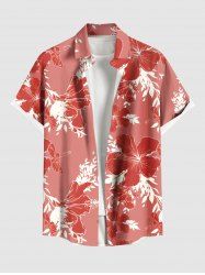 Plus Size Hibiscus Flower Leaf Branch Print Hawaii Button Pocket Shirt For Men -  