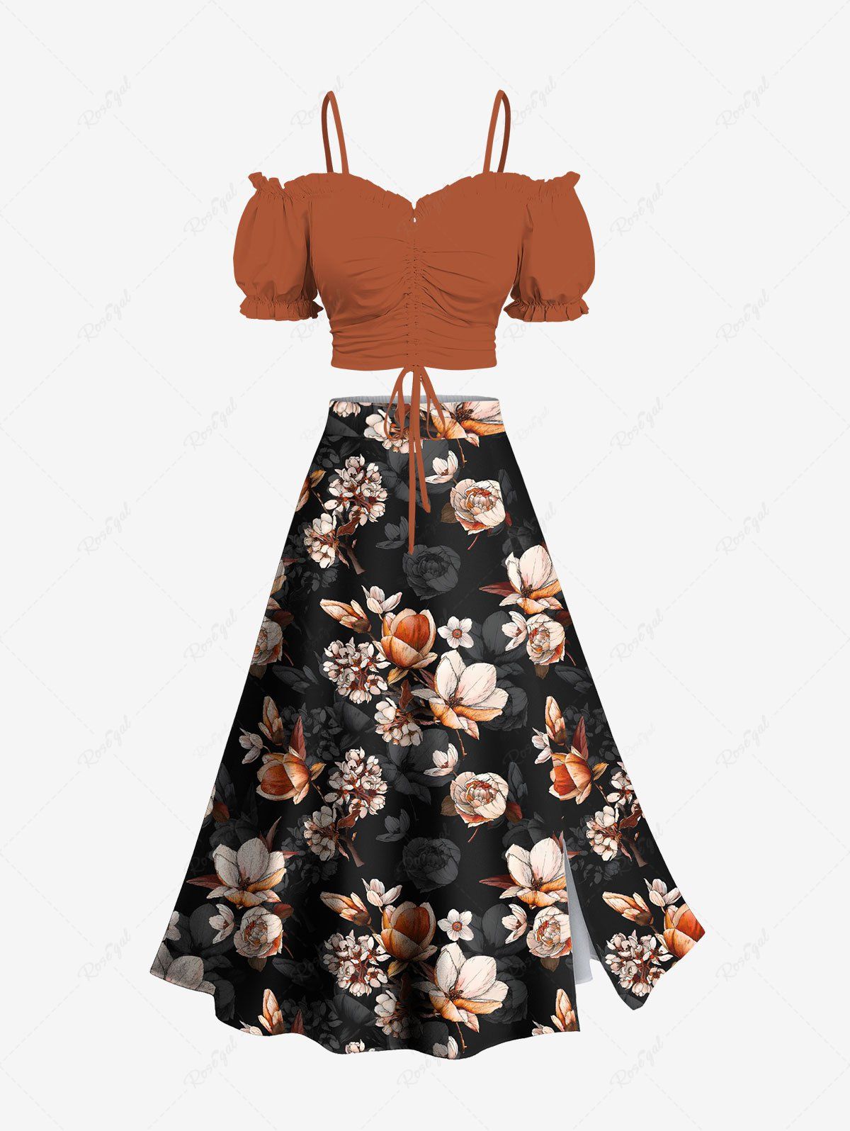 Store Solid Cinched Top and Ombre Flower Branch Print Hawaii Split A Line Skirt Plus Size Matching Set  