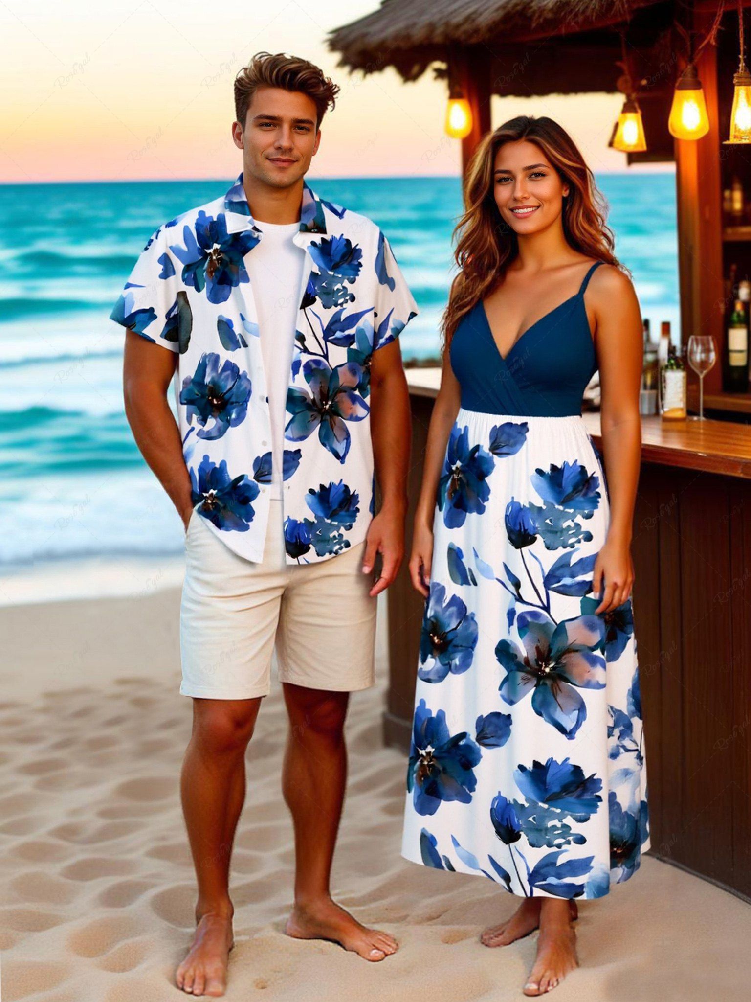 Tenue de plage hawaïenne assortie grande taille à imprimé floral aquarelle pour couples Bleu 