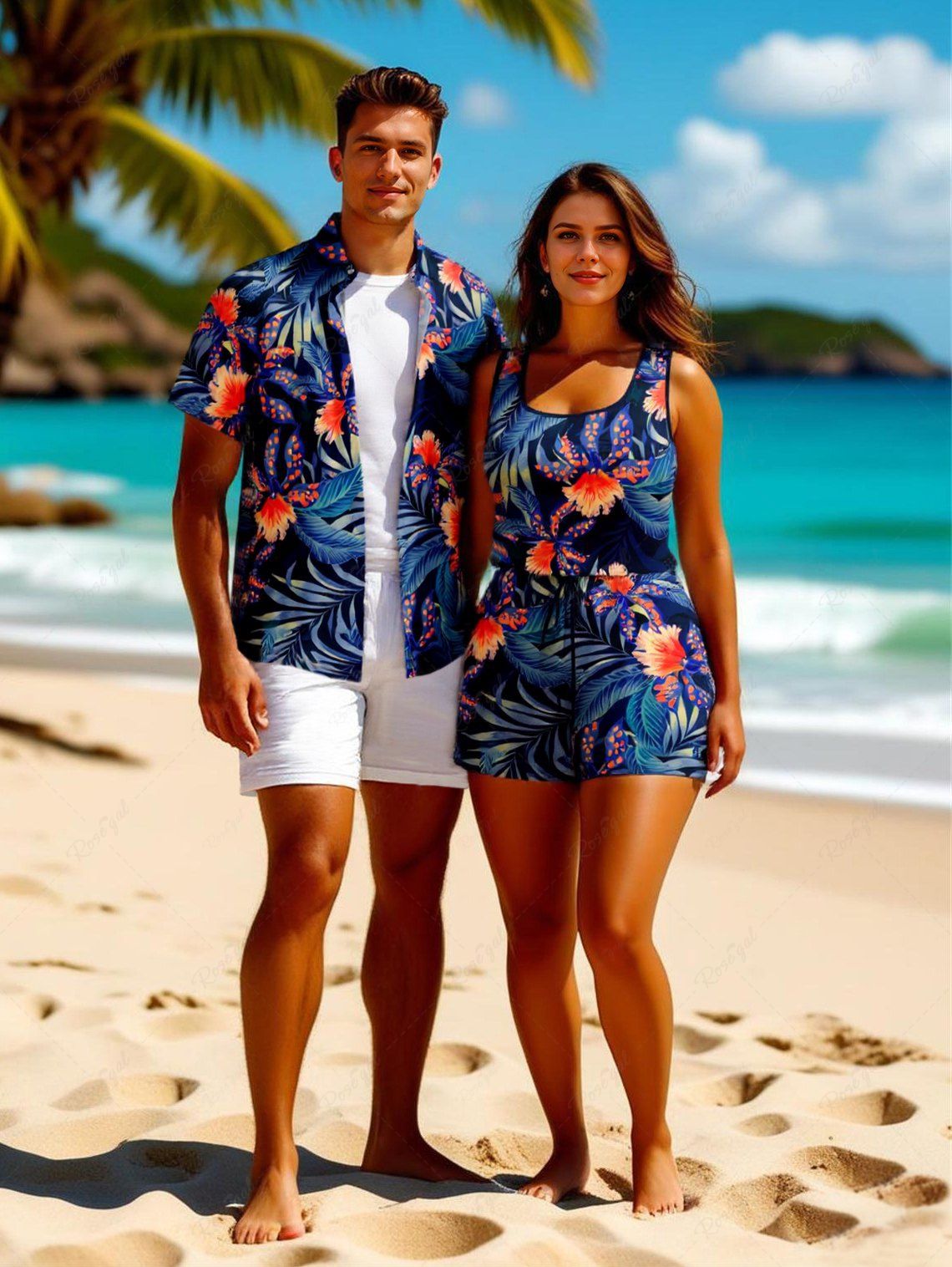 Chic Matching Hawaii Shirt and Romper Plus Size Beach Outfit Flowers Dots Leaf Printed for Couples  