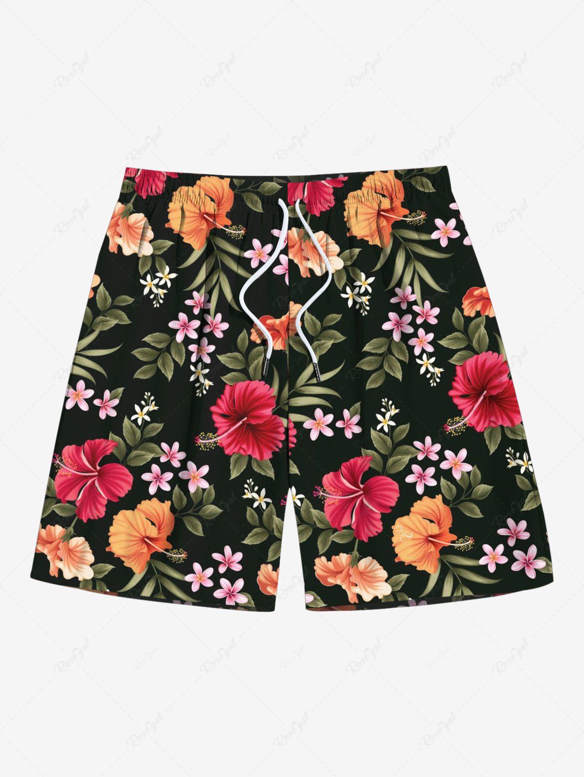 Shop Plus Size Tropical Leaf Hibiscus Flower Print Hawaii Drawstring Pocket Beach Shorts For Men  