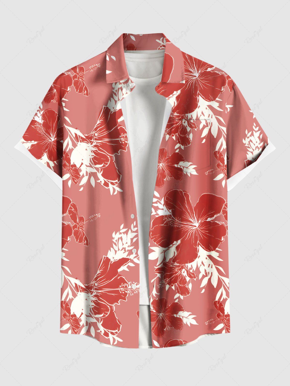 Outfit Plus Size Hibiscus Flower Leaf Branch Print Hawaii Button Pocket Shirt For Men  