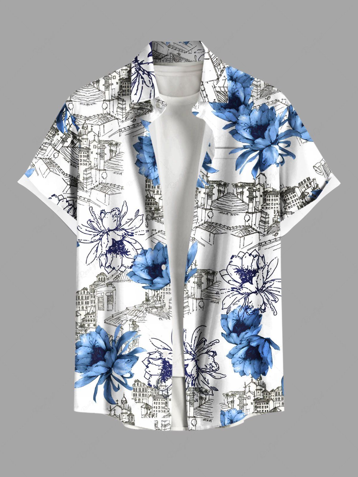 Fashion Plus Size Building Flower Print Hawaii Button Pocket Shirt For Men  