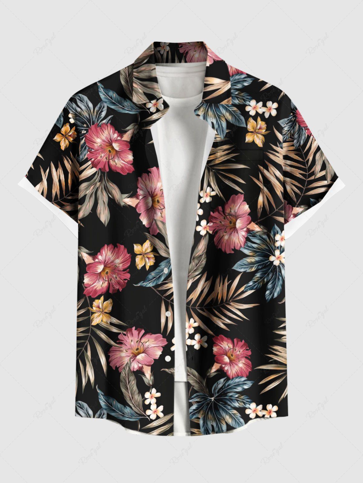 Trendy Plus Size Tropical Leaf Hibiscus Flower Print Hawaii Button Pocket Shirt For Men  