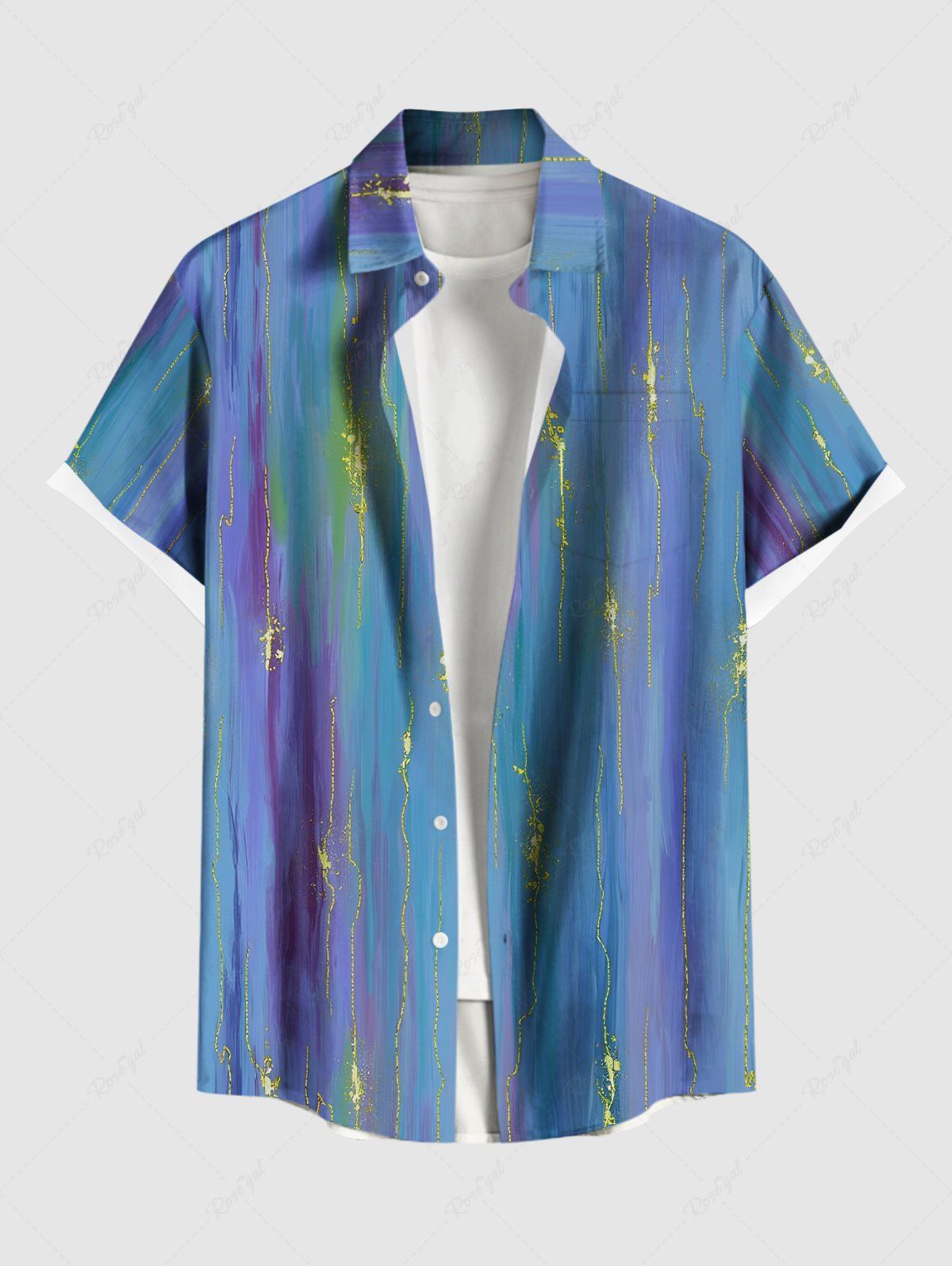 Outfits Plus Size Glitter Ombre Meteor Print Hawaii Button Pocket Shirt For Men  