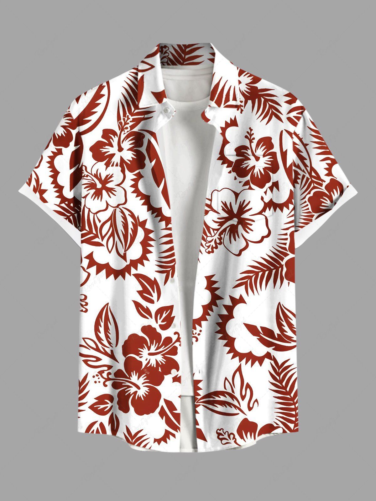 Store Plus Size Tropical Leaf Hibiscus Flower Print Hawaii Button Pocket Shirt For Men  