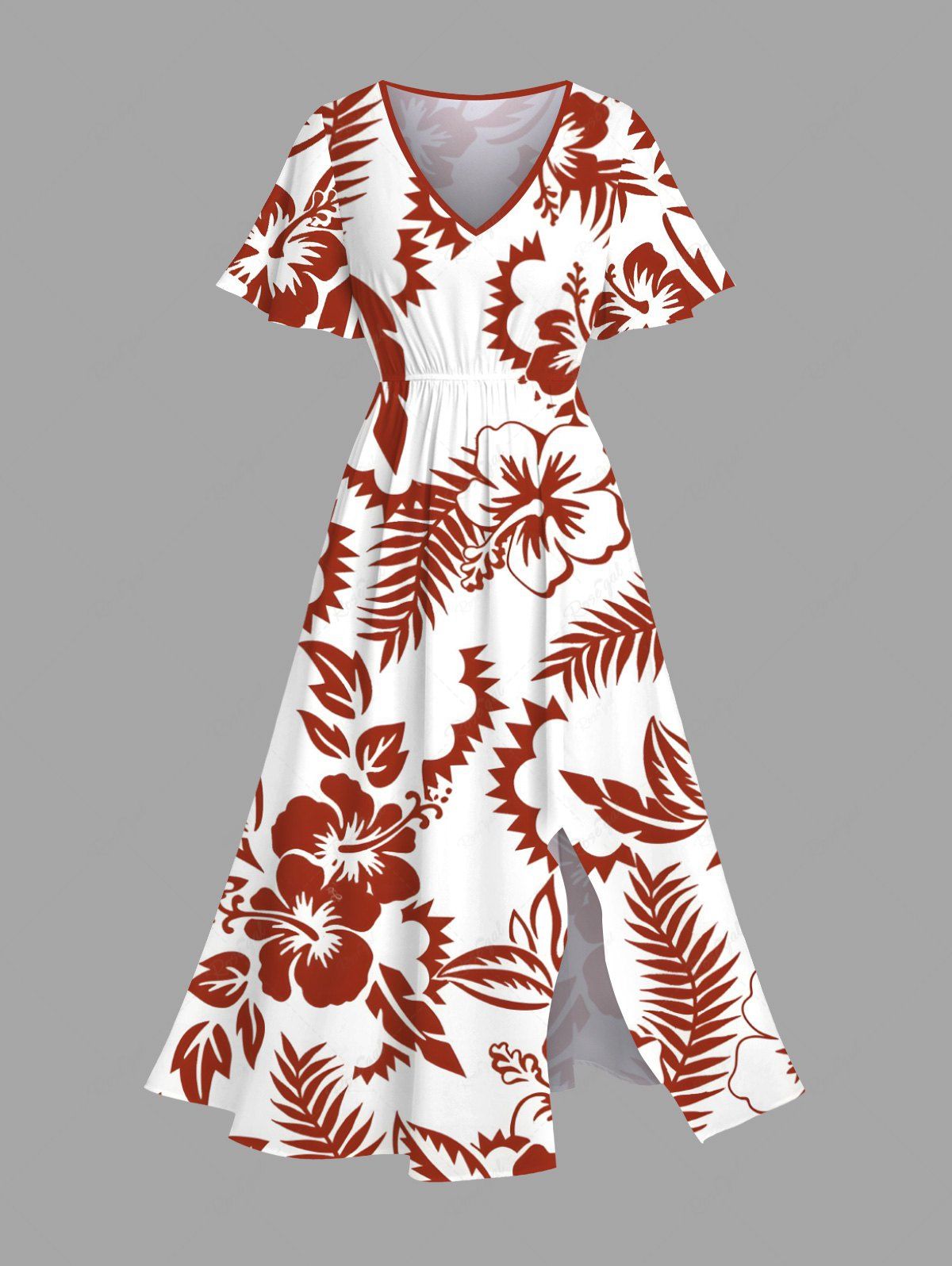 Robe mi-longue trapèze grande taille à imprimé feuilles tropicales et fleurs d'hibiscus hawaïennes avec poches fendues Blanc 6X
