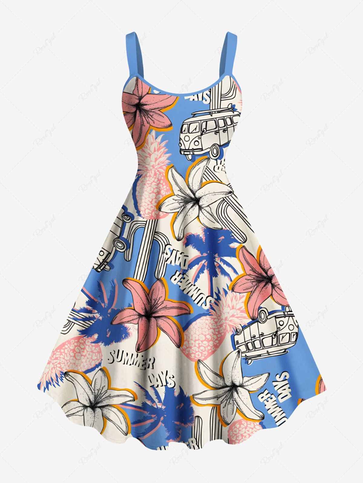 Sale Plus Size Coconut Tree Hibiscus Flower Bus Pineapple Cactus Print Hawaii A Line Tank Dress  