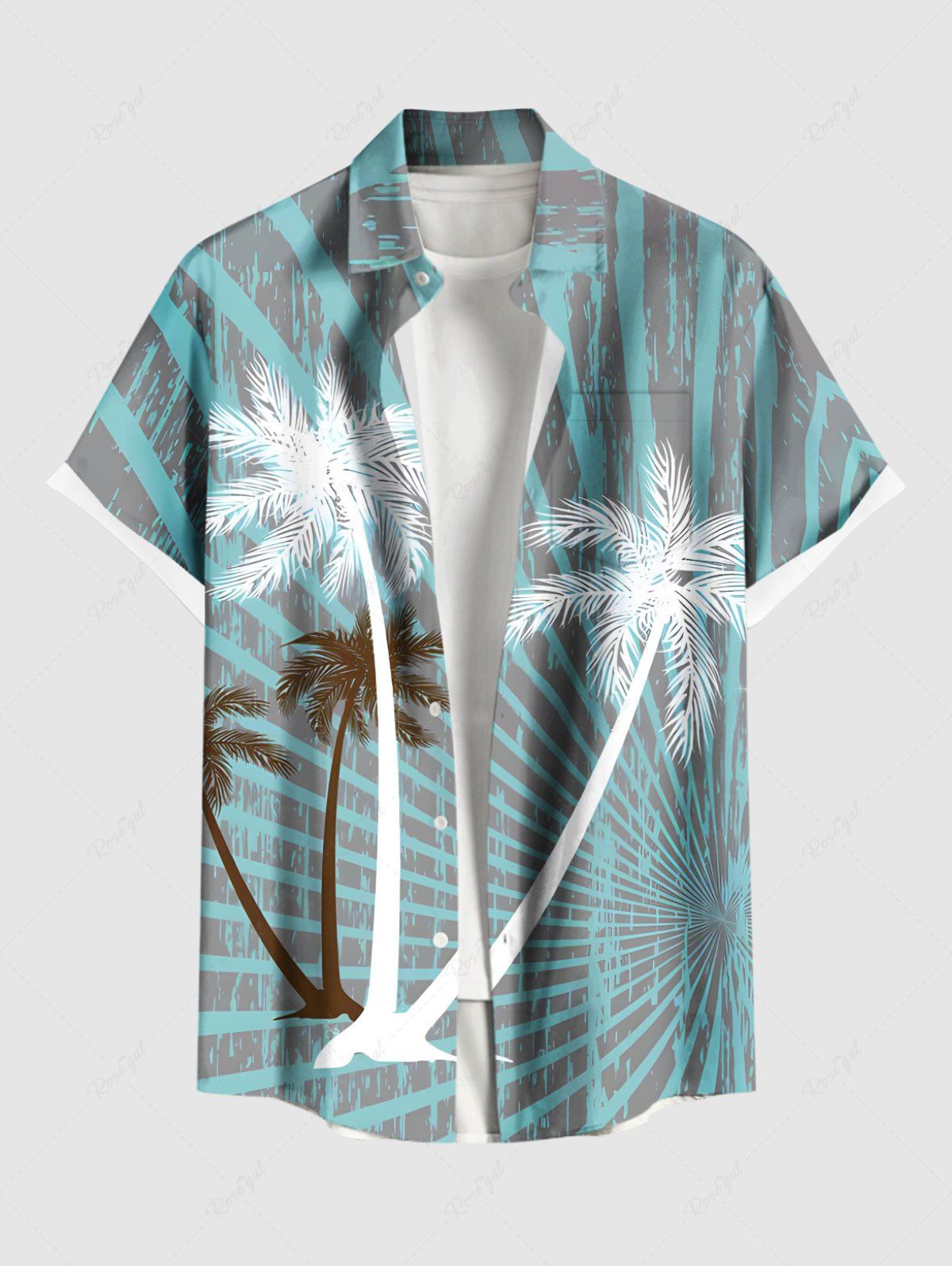 Fancy Plus Size Coconut Tree Light Beam Striped Print Hawaii Button Pocket Shirt For Men  
