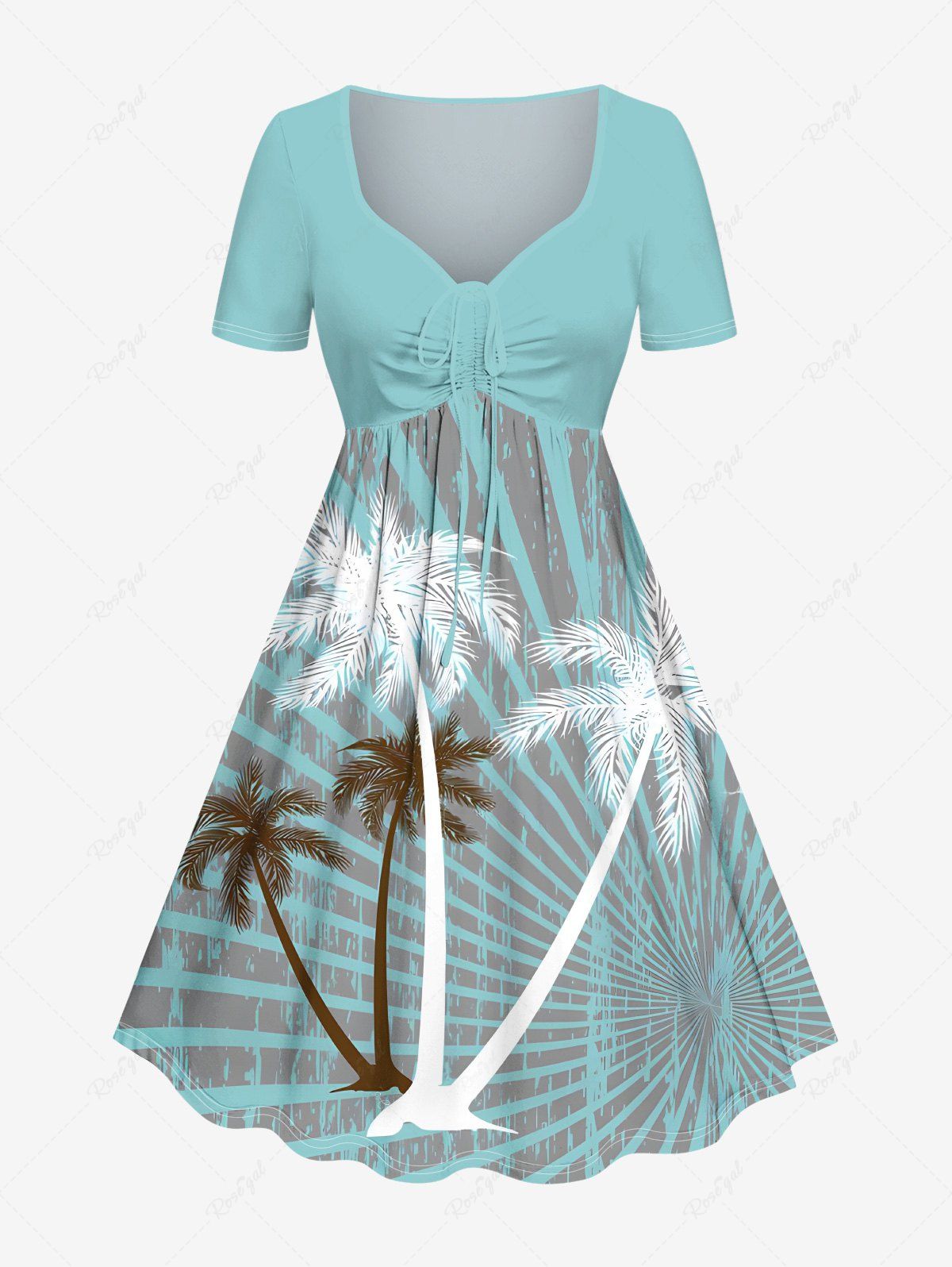 Robe trapèze cintrée hawaïenne grande taille à imprimé cocotier et à rayures Vert XXS